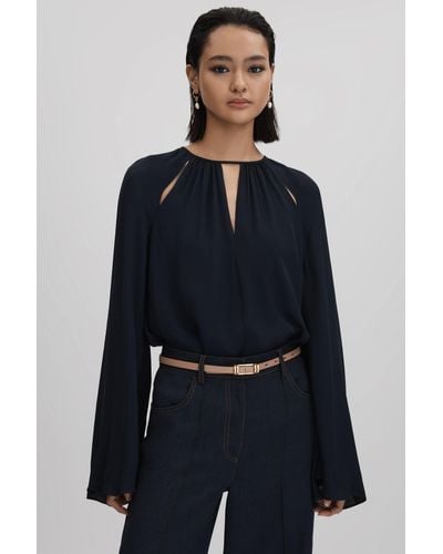 Reiss Gracie - Navy Cut-out Flute Sleeve Blouse - Blue