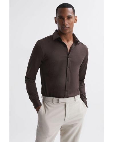 Reiss King - Chocolate Mercerised Cotton Button-through Shirt - Brown