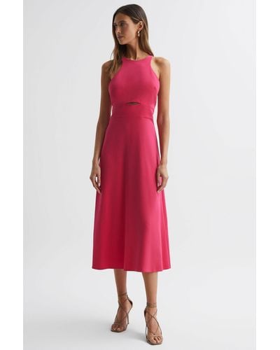 Reiss Vienna - Pink Halter Neck Cut Out Midi Dress - Red