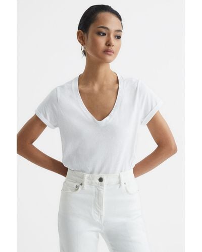 Reiss Luana - White Cotton Jersey V-neck T-shirt, M