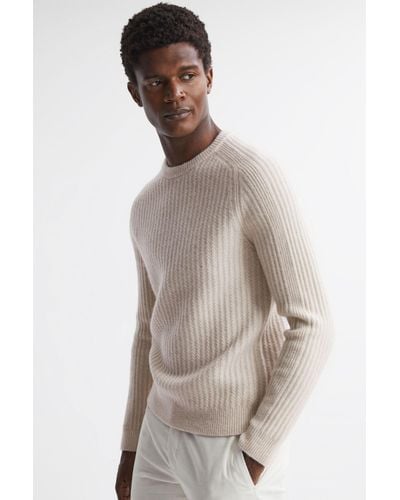 Reiss Millerson - Stone Wool-cotton Textured Crew Neck Sweater - Natural