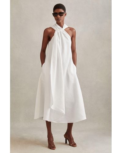 Reiss Cosette - White Linen Blend Drape Midi Dress - Natural