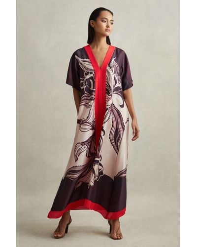 Reiss Hanna - Ivory/burgundy Petite Printed Front Split Midi Dress - Red