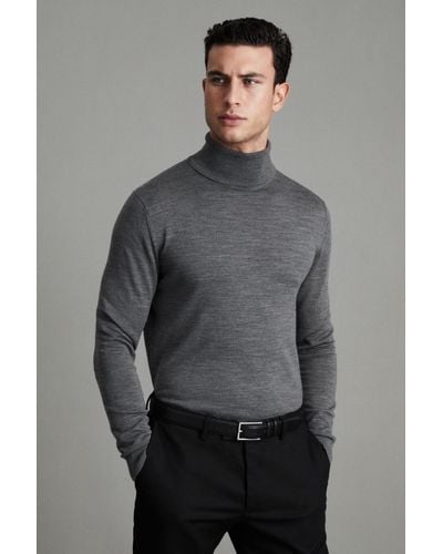 Reiss Caine - Mid Gray Melange Slim Fit Merino Wool Roll Neck Sweater