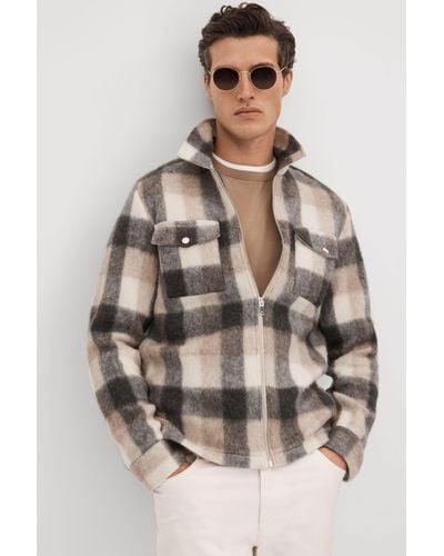Reiss Stamford - Oatmeal/grey Brushed Check Overshirt - Brown