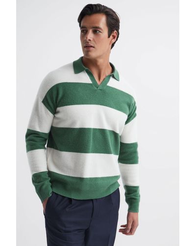 Reiss Port - Pine Green/ecru Striped Wool Rugby Shirt, M