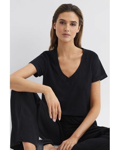 Reiss Luana - Black Cotton Jersey V-neck T-shirt, Xs
