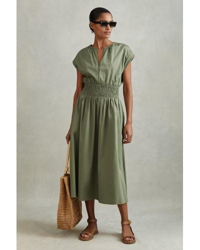 Reiss Lena - Green Petite Cotton Ruched Waist Midi Dress