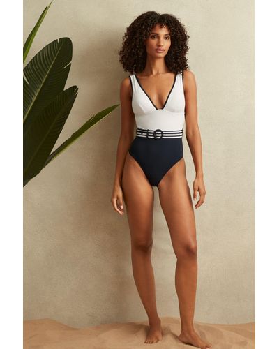 Reiss Willow - White/navy Colourblock Belted Swimsuit - Blue