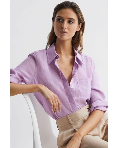 Reiss Campbell - Lilac Linen Long Sleeve Shirt, Us 0 - Purple