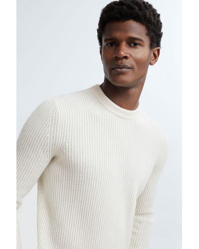 ATELIER Cloud White Cashmere Ribbed Crew Neck Sweater