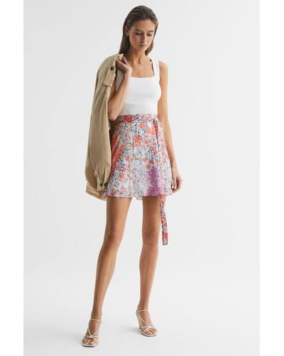 Reiss Elle - Coral/white Floral Print High Rise Mini Skirt, Us 0 - Multicolor