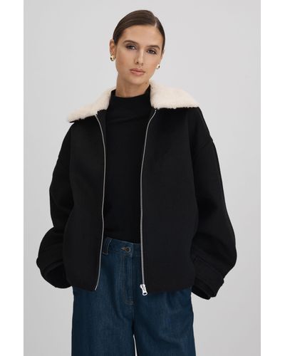 Meotine Wool Blend Shearling Collar Jacket - Black