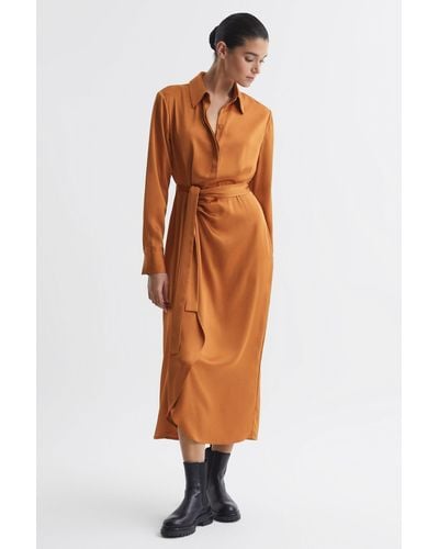 Reiss Arabella - Rust Satin Shirt-style Midi Dress - Multicolor