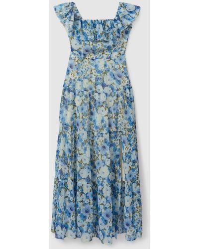 PAIGE Silk Georgette Floral Print Maxi Dress - Blue
