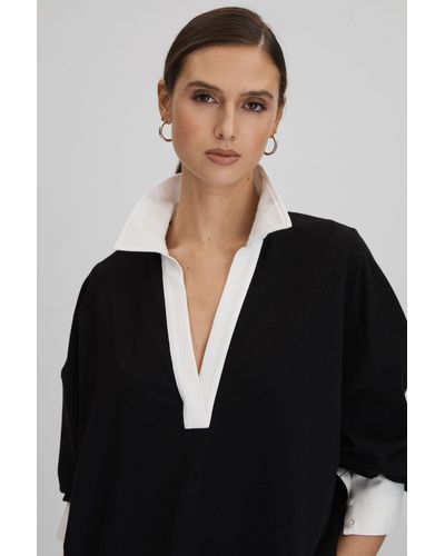 Reiss Aspen - Black/white Oversized Cotton Open Collar Sweater