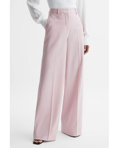 Reiss Evelyn - Pink Wool Blend Mid Rise Wide Leg Pants