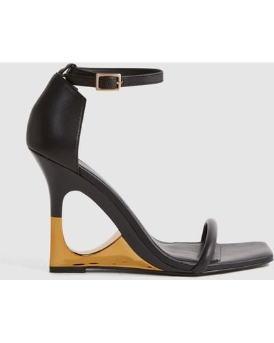 Reiss Cora - Black/gold Leather Strappy Wedge Heels, Uk 3 Eu 36