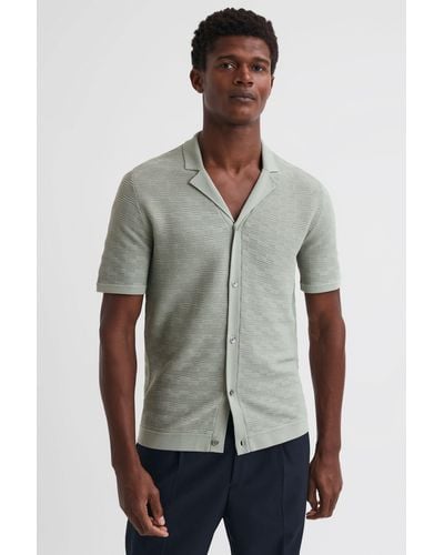 Reiss Lunar - Sage Textured Cuban Collar Button-through Shirt, L - Gray