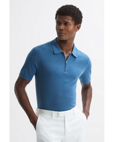 Reiss Maxwell - Marine Blue Merino Wool Half-zip Polo Shirt