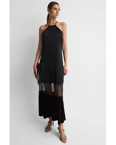 Reiss Janelle - Black Fitted Satin-velvet Midi Dress