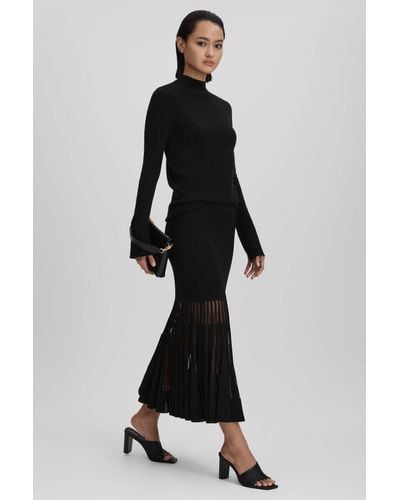 Reiss Tilly - Black Knitted Sheer Flared Midi Skirt, S