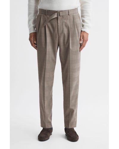 Reiss Rail - Brown Prince Of Wales Check Belted Pants, 32