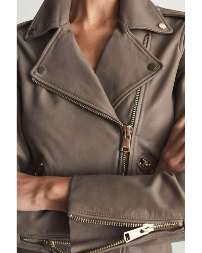 Reiss Gigi - Taupe Leather Biker Jacket, Us 6 - Gray
