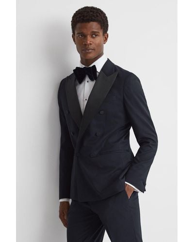 Reiss Deal - Navy Modern Fit Satin Lapel Double Breasted Jacquard Blazer - Blue