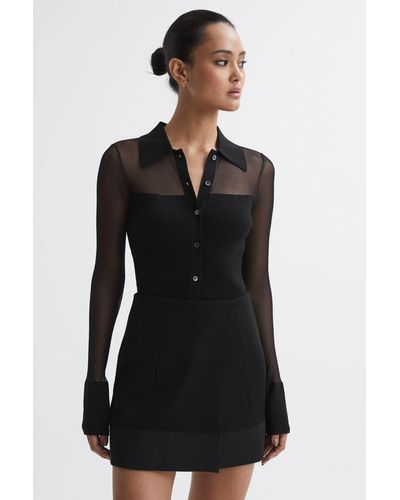 Reiss Nelly - Black Sheer Knitted Button-through Top