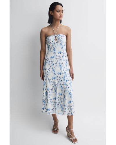 Reiss Sophia - White Floral Print Halter Neck Midi Dress, Us 8 - Blue