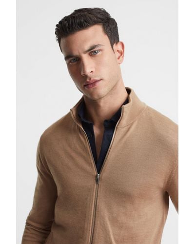 Reiss Hampshire - Camel Merino Wool Zip Through Sweater - Brown
