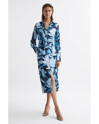Reiss Jackson - Navy/blue Floral Print High Rise Midi Skirt, Us 8