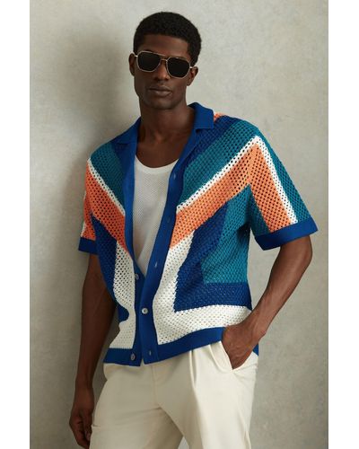 Reiss Panko - Bright Multi Cotton Blend Crochet Cuban Collar Shirt, Xl - Blue