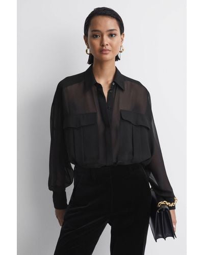 Reiss Adaline - Black Oversized Sheer Button-through Shirt