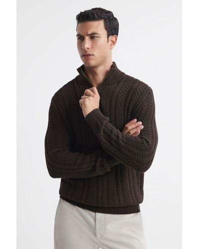 Reiss Bantham - Chocolate Cable Knit Half-zip Funnel Neck Sweater - Black