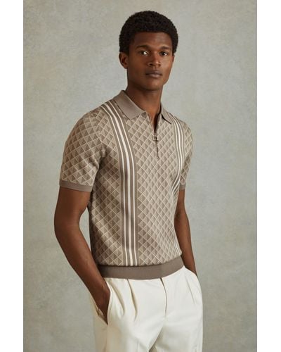 Reiss Sanderson - Oatmeal Half-zip Diamond Stitch Polo Shirt, Xs - Brown