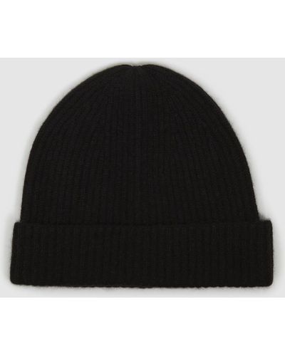 Reiss Cara - Black Cashmere Ribbed Beanie Hat, One