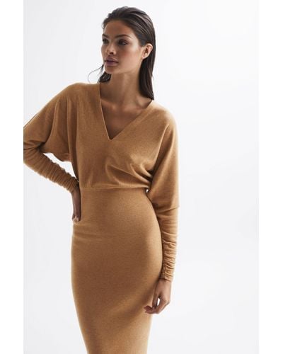 Reiss Jenna - Camel Wool Blend Ruched Sleeve Midi Dress, S - Brown