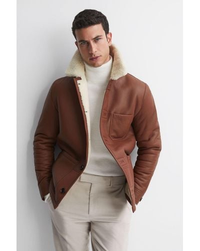 Reiss Atlanta - Brown Leather Shearling Button-through Jacket, S