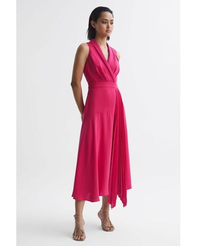 Reiss Claire - Pink Pleated Fitted Midi Dress - Red