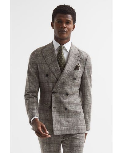 Reiss Alfredo - Brown Slim Fit Double Breasted Prince Of Wales Check Blazer, 36 - Gray