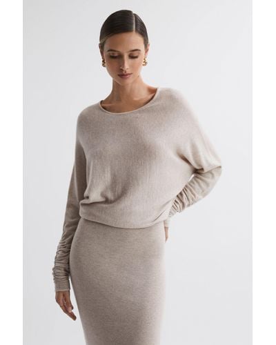 Reiss Leila - Neutral Petite Wool Blend Ruched Sleeve Midi Dress - Natural