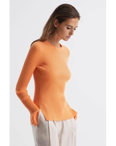 Reiss Elle - Orange Slim Fit Ribbed Crew Neck Split Sleeve Sweater, S