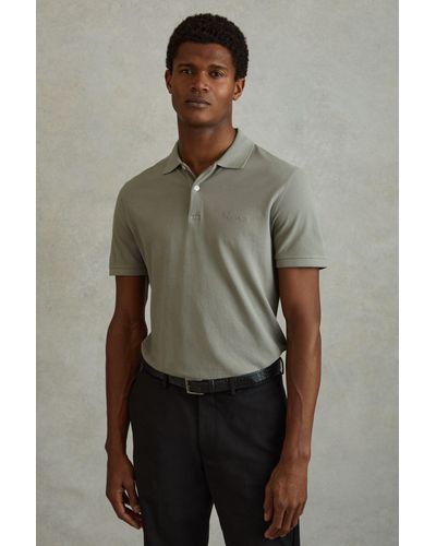 Reiss Peters - Dark Sage Slim Fit Garment Dyed Embroidered Polo Shirt, Xxl - Green
