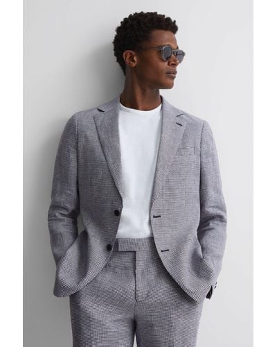 Reiss Squad - Navy Linen Single Breasted Dogtooth Blazer - Gray