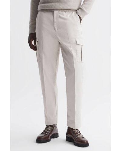 Reiss Thunder - Ecru Tapered Brushed Cotton Cargo Pants - White