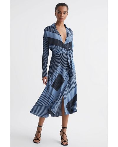 Reiss Talia - Blue Printed Spliced Midi Dress, Us 4
