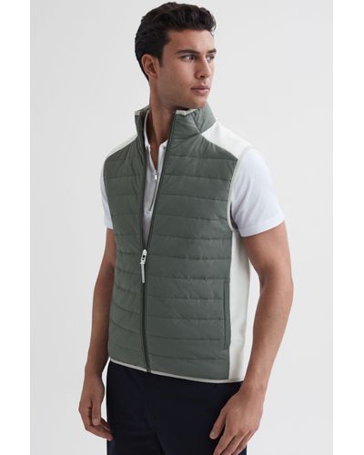 Reiss Clubhouse - Sage/white Funnel Neck Hybrid Quilted Gilet, Uk X-small - Gray
