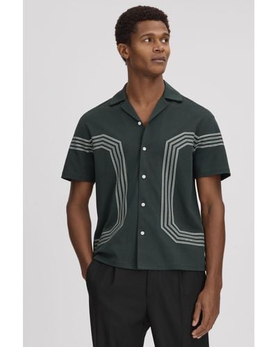 Reiss Arlington - Emerald Mercerised Cotton Embroidered Cuban Collar Shirt - Green